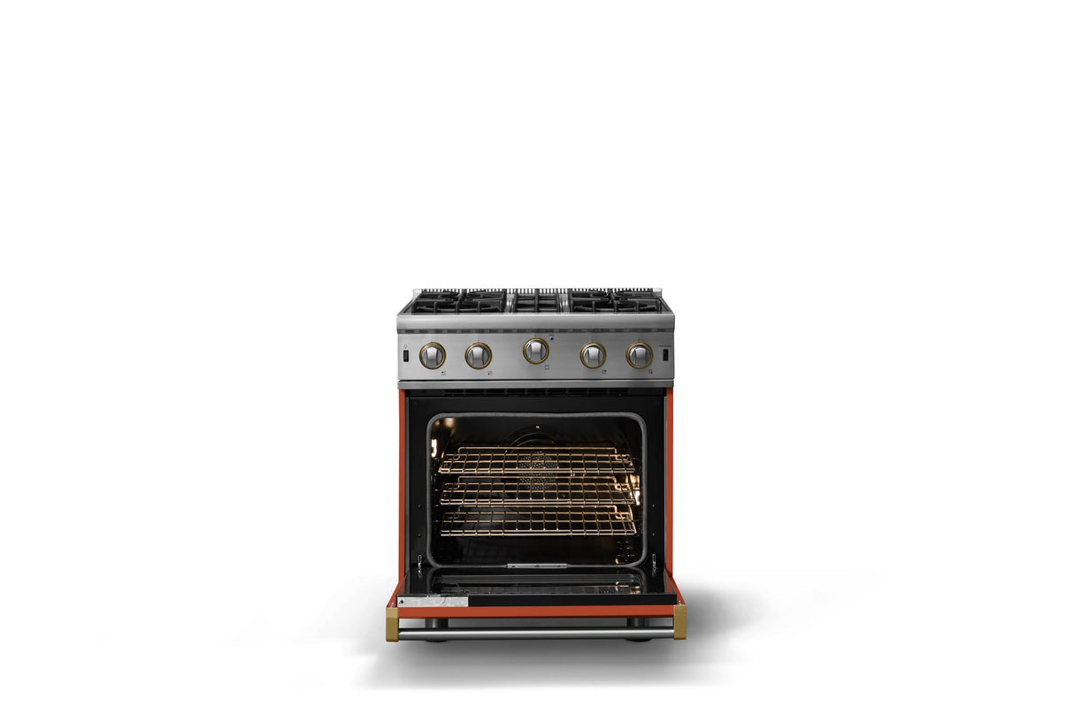 30"W. Open Burner Gas Range (Finish: Spiced Cider, Trim: Brushed Brass, Fuel: Natural Gas)