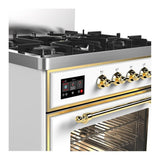 ILVE UM30NR3WHG Majestic III 30 inch Dual Fuel Range with 5 Black Brass Burners, Dual Function Burner up to 25,000 BTU (Natural Gas, Triple Glass Door, White, Brass)