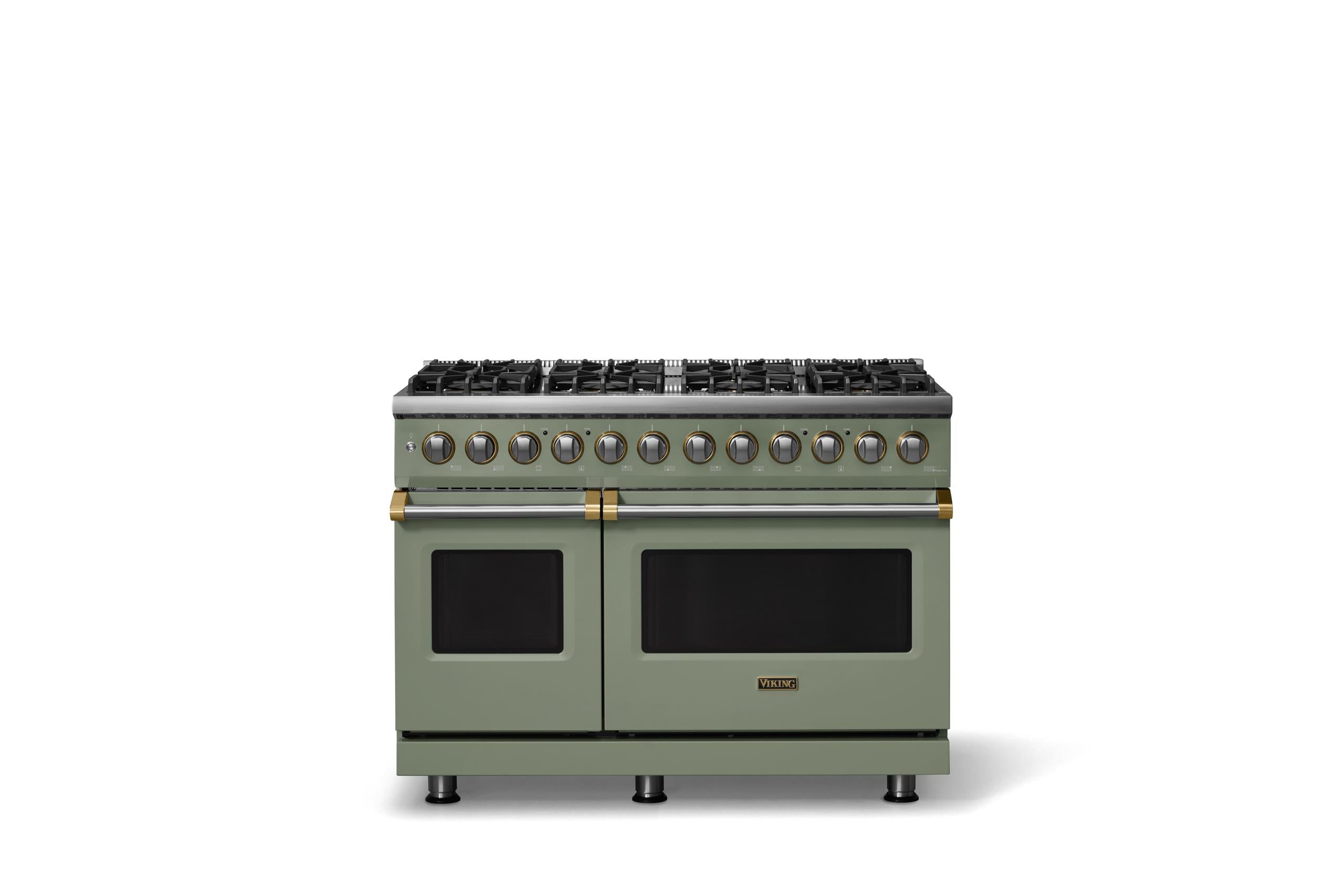 48"W. Dual Fuel Range (Burner: 8b, Finish: Eucalyptus, Trim: Brushed Brass, Fuel: Natural Gas)