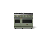 48"W. Dual Fuel Range (Burner: 8b, Finish: Eucalyptus, Trim: Brushed Brass, Fuel: Propane)