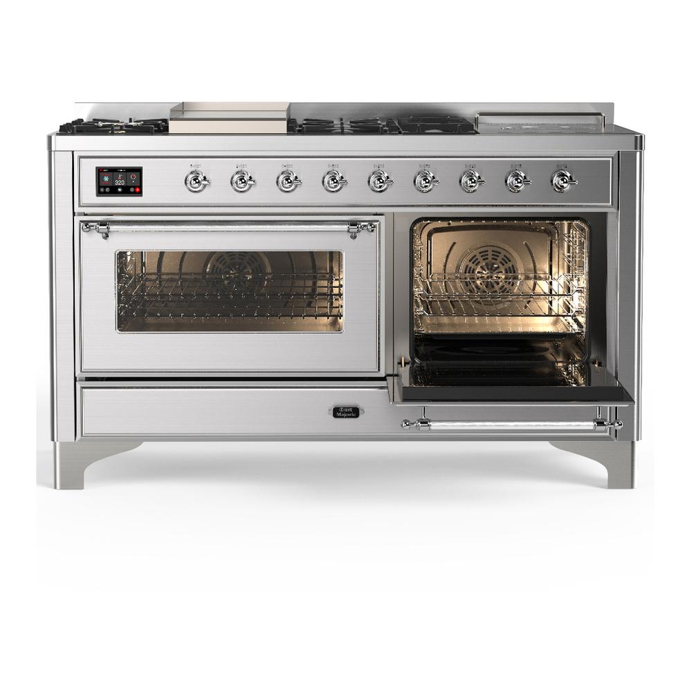 ILVE UM60FSNR3SSCLP Majestic III 60 inch Dual Fuel Range with 7 Burners, Griddle and French Top, Dual Function Burner with up to 25,000 BTU (Liquid Propane, Triple Glass Door, Stainless Steel, Chrome)