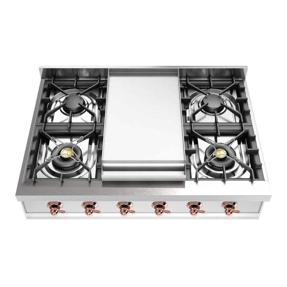 ILVE UHCP36FNSSP Nostalgie II 36 inch Built-In Gas Rangetop with 6 Burners and Griddle, in Stainless Steel (Natural Gas, Copper)