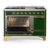 ILVE UM48FQNR3EGGLP Majestic III 48 inch Dual Fuel Range with 8 Burners and Griddle, Dual Function Burner up to 25,000 BTU (Liquid Propane, Solid Door, Emerald Green, Brass)