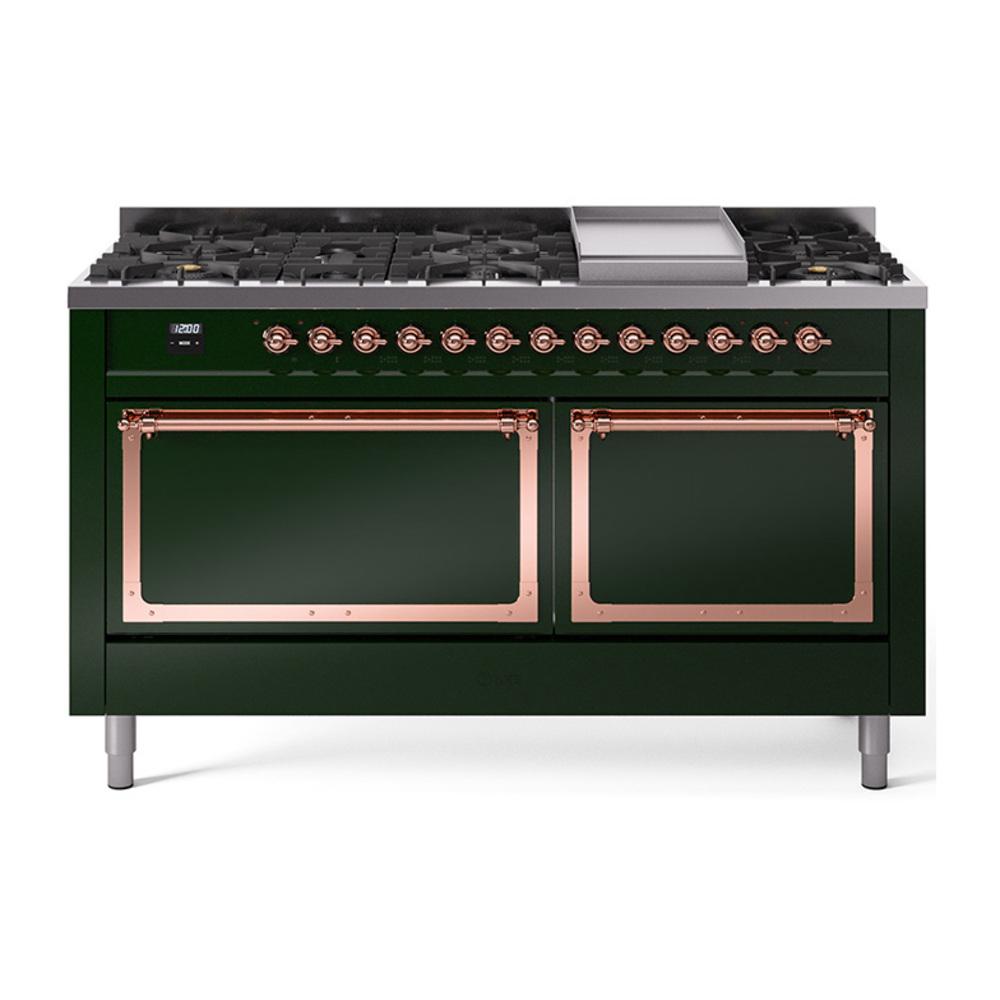 ILVE UN60FQNMPEGP Nostalgie II Noblesse 60 inch Dual Fuel Range (9 Sealed Burners + Griddle, Natural Gas, Solid Door, Emerald Green, Copper)