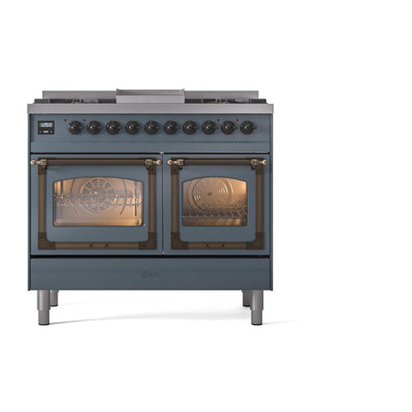 ILVE UND40FNMPBGBLP Nostalgie II Noblesse 40 inch Dual Fuel Range (Liquid Propane, Triple Glass Door, Blue Grey, Burnished)