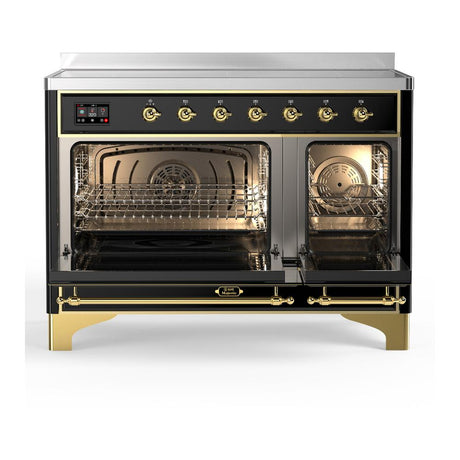 ILVE UMIB48QNR3BKG Majestic III 48 inch Induction Range with 6 Elements, 5.02 cu. ft. Total Oven Capacity (Solid Door, Glossy Black, Brass)
