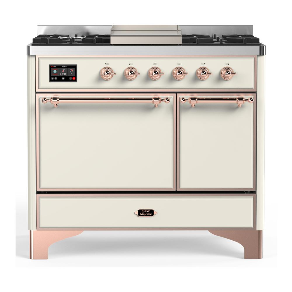 ILVE UMD40FQNR3AWP Majestic III 40 inch Dual Fuel Range with 6 Burners and Griddle, Dual Function Burner up to 25,000 BTU (Natural Gas, Solid Door, Antique White, Copper)