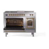 ILVE UN48FSNMPSSGLP Nostalgie II Noblesse 48 inch Dual Fuel Range (5 Sealed Burners + Griddle + French Top, Liquid Propane, Triple Glass Door, Stainless Steel, Brass)