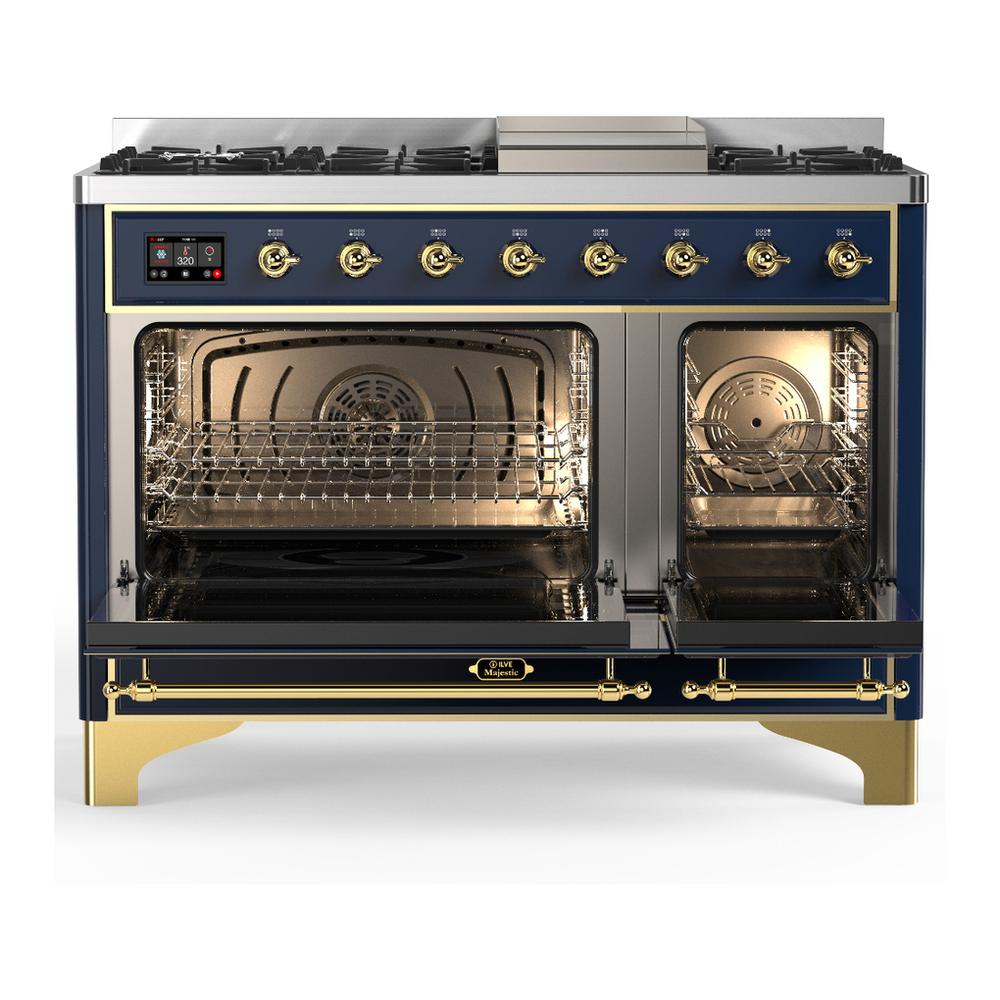 ILVE UM48FNR3MBG Majestic III 48 inch Dual Fuel Range with 8 Burners and Griddle, Dual Function Burner up to 25,000 BTU (Natural Gas, Triple Glass Door, Midnight Blue, Brass)