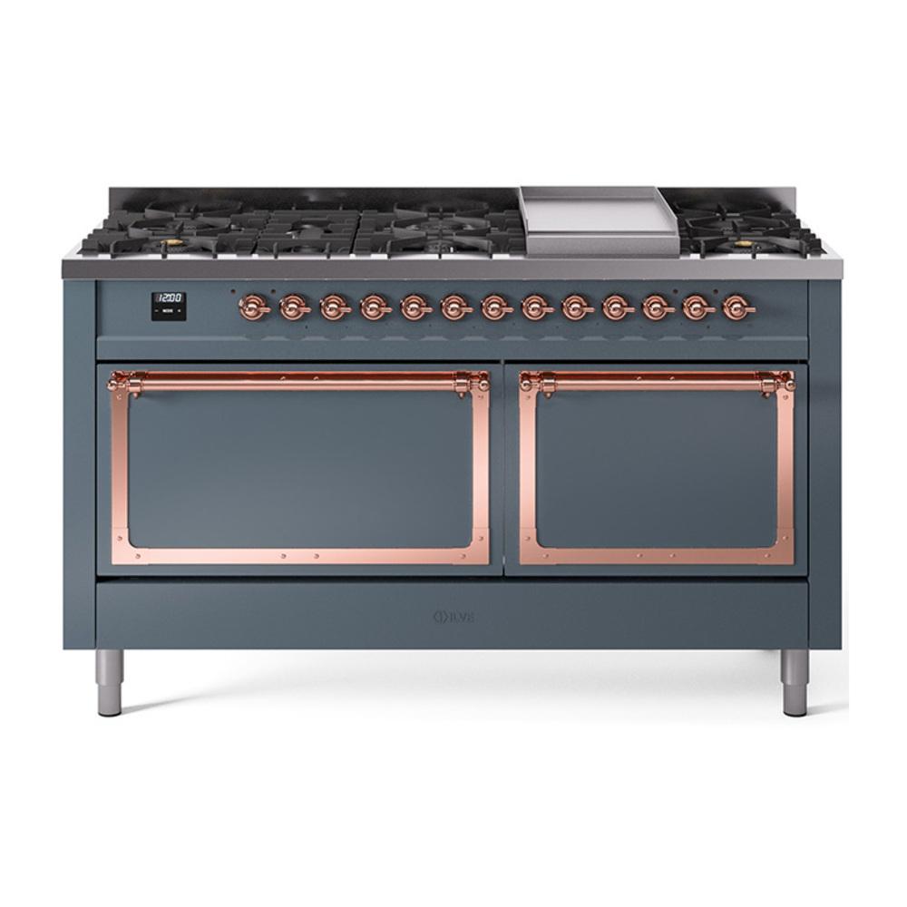ILVE UN60FQNMPBGPLP Nostalgie II Noblesse 60 inch Dual Fuel Range (9 Sealed Burners + Griddle, Liquid Propane, Solid Door, Blue Grey, Copper)