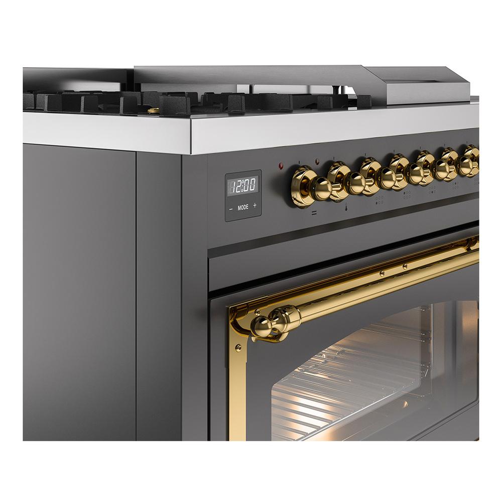 ILVE UN48FSNMPMGGLP Nostalgie II Noblesse 48 inch Dual Fuel Range (5 Sealed Burners + Griddle + French Top, Liquid Propane, Triple Glass Door, Graphite Matte, Brass)