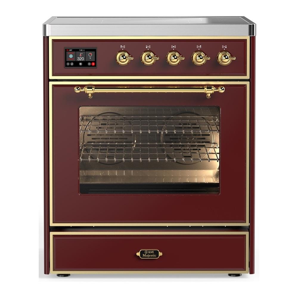 ILVE UMIB30NR3BUG Majestic III 30 inch Induction Range with 4 Elements, 4 cu. ft. Oven Capacity (Triple Glass Door, Burgundy, Brass)