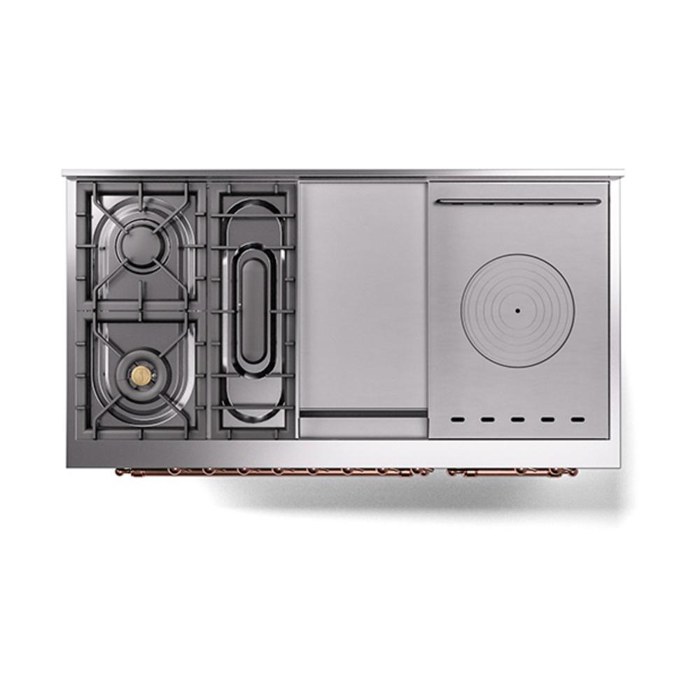 ILVE UN48FSQNMPEGP Nostalgie II Noblesse 48 inch Dual Fuel Range (5 Sealed Burners + Griddle + French Top, Natural Gas, Solid Door, Emerald Green, Copper)