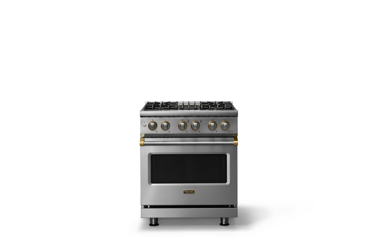 30"W. Dual Fuel Range (Finish: Stainless Steel, Trim: Brushed Brass, Fuel: Natural Gas)
