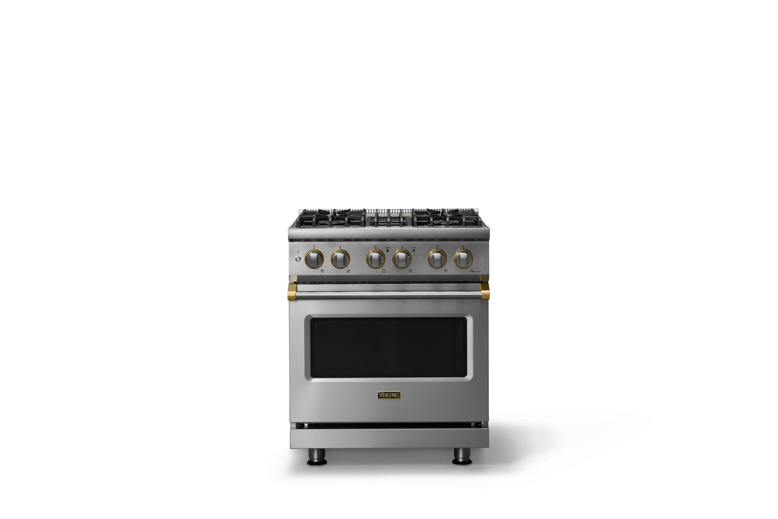 30"W. Dual Fuel Range (Finish: Stainless Steel, Trim: Brushed Brass, Fuel: Propane)