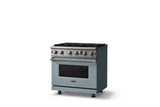 36"W. Open Burner Gas Range (Finish: November Sky, Trim: Brushed Brass, Fuel: Natural Gas)