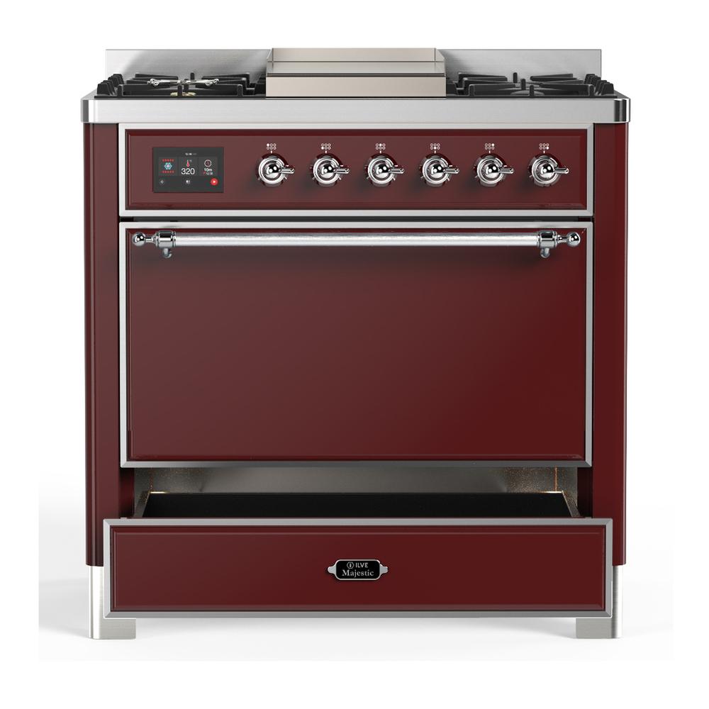 ILVE UM36FQNR3BUC Majestic III 36 inch Dual Fuel Range with 6 Black Brass Burners and Griddle, Dual Function Burner up to 25,000 BTU (Solid Door, Burgundy, Chrome, Natural Gas)