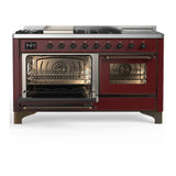 ILVE UM60FSNR3BUB Majestic III 60 inch Dual Fuel Range with 7 Burners, Griddle and French Top, Dual Function Burner with up to 25,000 BTU (Natural Gas, Triple Glass Door, Burgundy, Burnished)