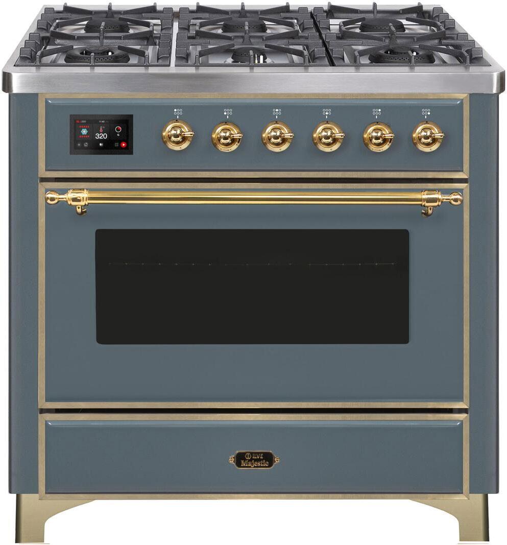 Majestic II 36 Inch Dual Fuel Natural Gas Freestanding Range in Blue Grey with Brass Trim