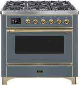 Majestic II 36 Inch Dual Fuel Natural Gas Freestanding Range in Blue Grey with Brass Trim