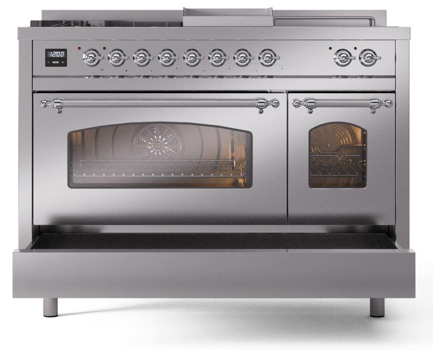 Nostalgie II 48 Inch Dual Fuel Liquid Propane Freestanding Range in Stainless Steel with Chrome Trim