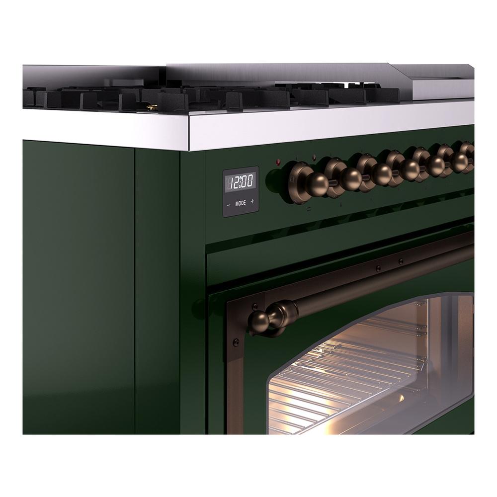 ILVE UN48FNMPEGB Nostalgie II Noblesse 48 inch Dual Fuel Range (8 Sealed Burners + Griddle, Natural Gas, Triple Glass Door, Emerald Green, Burnished)