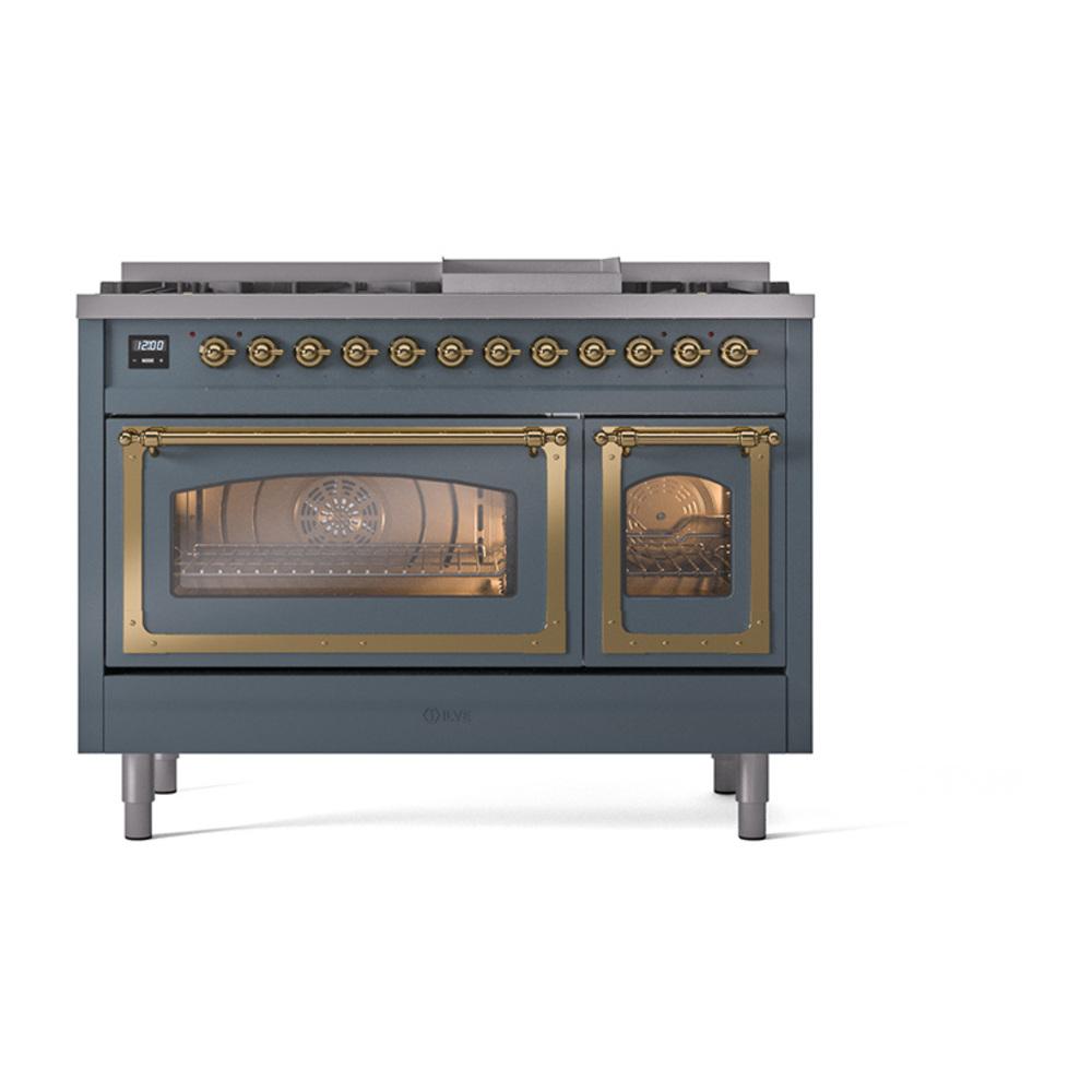 ILVE UN48FNMPBGGLP Nostalgie II Noblesse 48 inch Dual Fuel Range (8 Sealed Burners + Griddle, Liquid Propane, Triple Glass Door, Blue Grey, Brass)