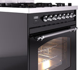 Nostalgie II 30 Inch Dual Fuel Liquid Propane Freestanding Range in Glossy Black with Chrome Trim