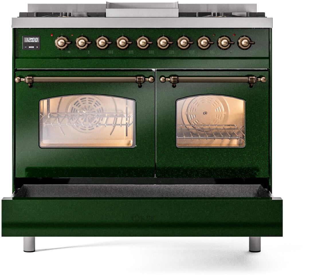 Nostalgie II 40 Inch Dual Fuel Natural Gas Freestanding Range in Emerald Green with Bronze Trim