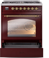 Nostalgie II 30 Inch Dual Fuel Natural Gas Freestanding Range in Burgundy with Brass Trim