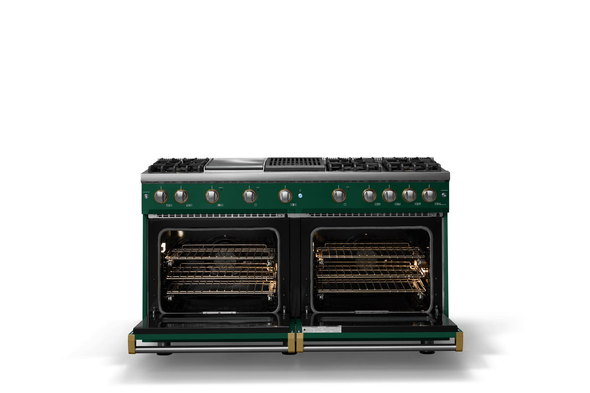 60"W. Sealed Burner Gas Range (Finish: Ivy, Trim: Brushed Brass, Fuel: Propane)