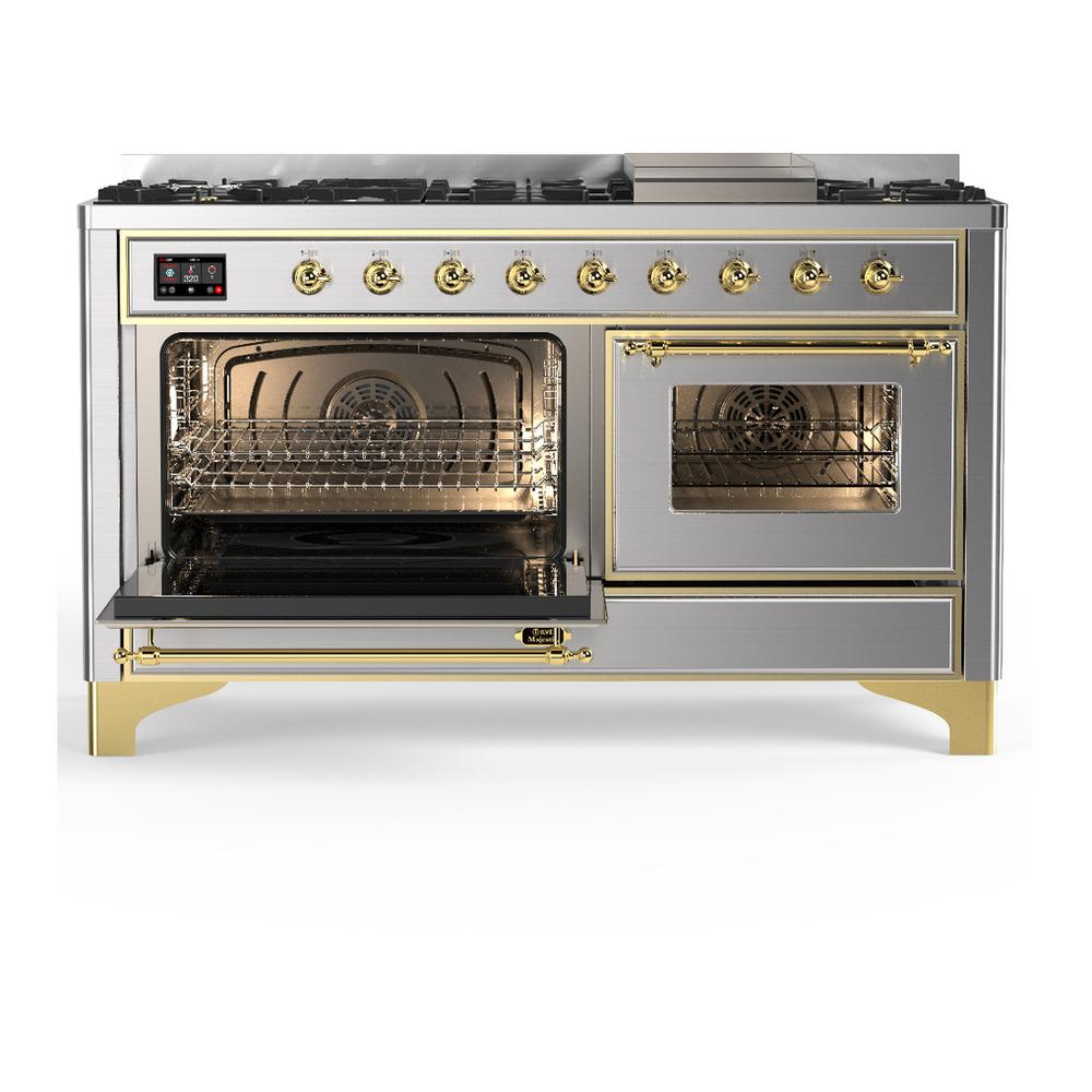 ILVE UM60FNR3SSGLP Majestic III 60 inch Dual Fuel Range with 9 Burners and Griddle, Dual Function Burner up to 25,000 BTU (Liquid Propane, Triple Glass Door, Stainless Steel, Brass)