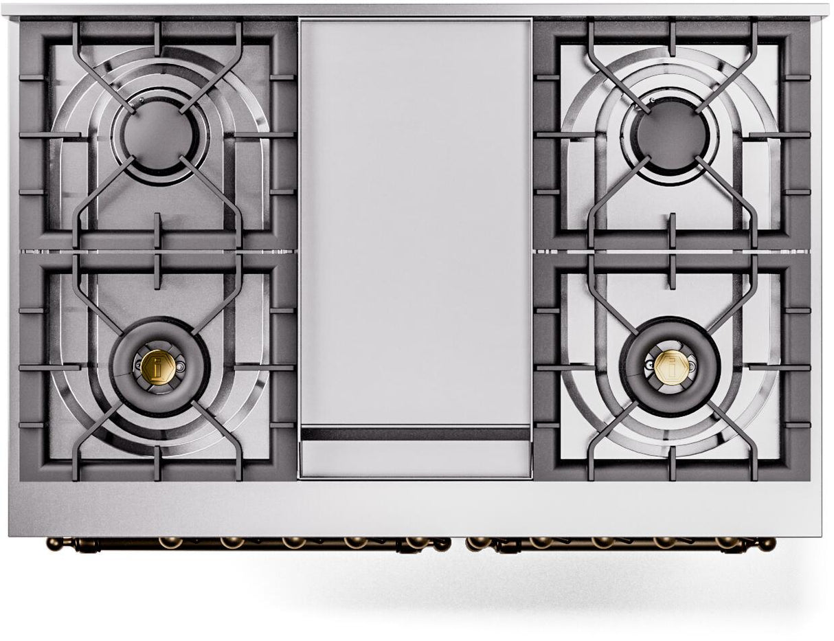 Nostalgie II 40 Inch Dual Fuel Natural Gas Freestanding Range in Stainless Steel with Brass Trim