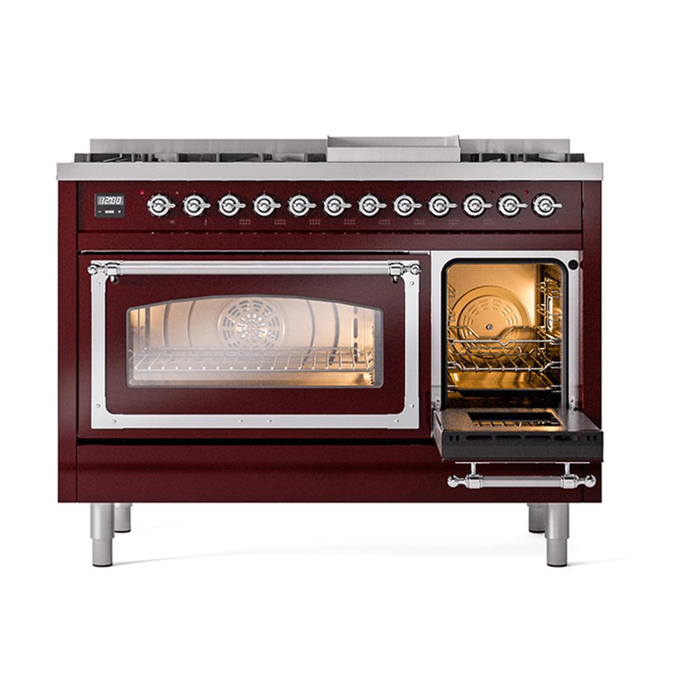 ILVE UN48FNMPBUC Nostalgie II Noblesse 48 inch Dual Fuel Range (8 Sealed Burners + Griddle, Natural Gas, Triple Glass Door, Burgundy, Chrome)