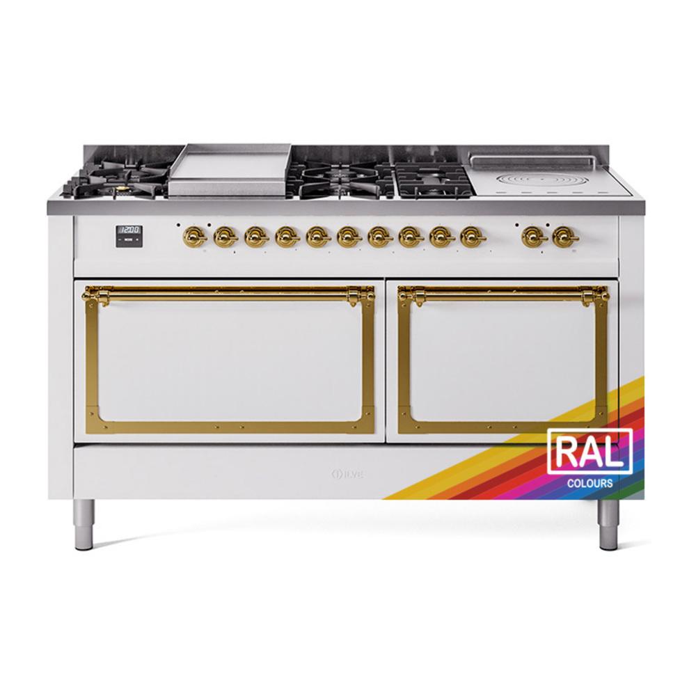 ILVE UN60FSQNMPRAGLP Nostalgie II Noblesse 60 inch Dual Fuel Range (7 Sealed Burners + Griddle + French Top, Liquid Propane, Solid Door, RAL, Brass)