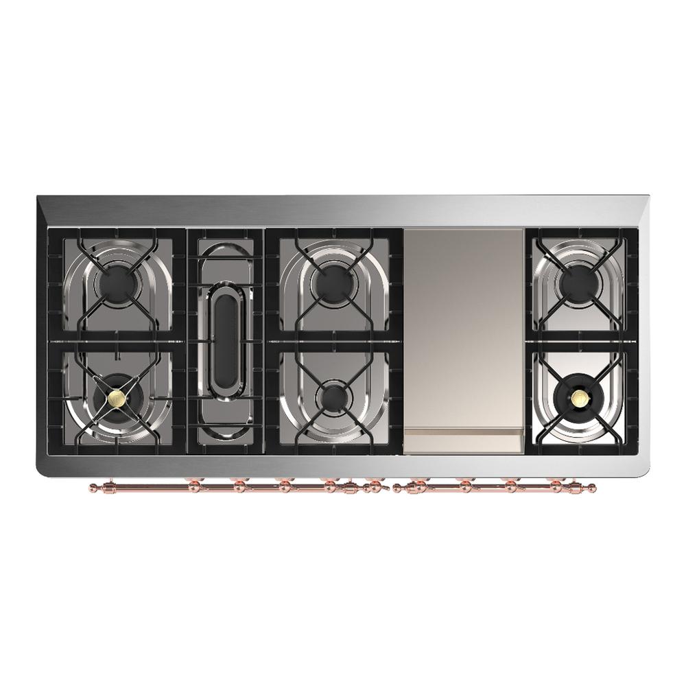 ILVE UM60FQNR3SSP Majestic III 60 inch Dual Fuel Range with 9 Burners and Griddle, Dual Function Burner up to 25,000 BTU (Natural Gas, Solid Door, Stainless Steel, Copper)