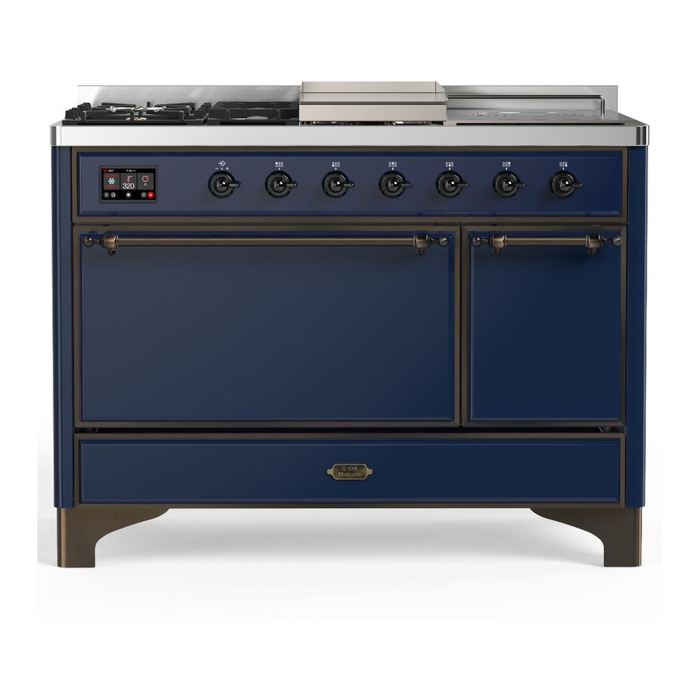 ILVE UM48FSQNR3MBBLP Majestic III 48 inch Dual Fuel Range with 5 Black Brass Burners, Griddle and French Top, Dual Function Burner up to 25,000 BTU (Liquid Propane, Solid Door, Midnight Blue, Burnished)