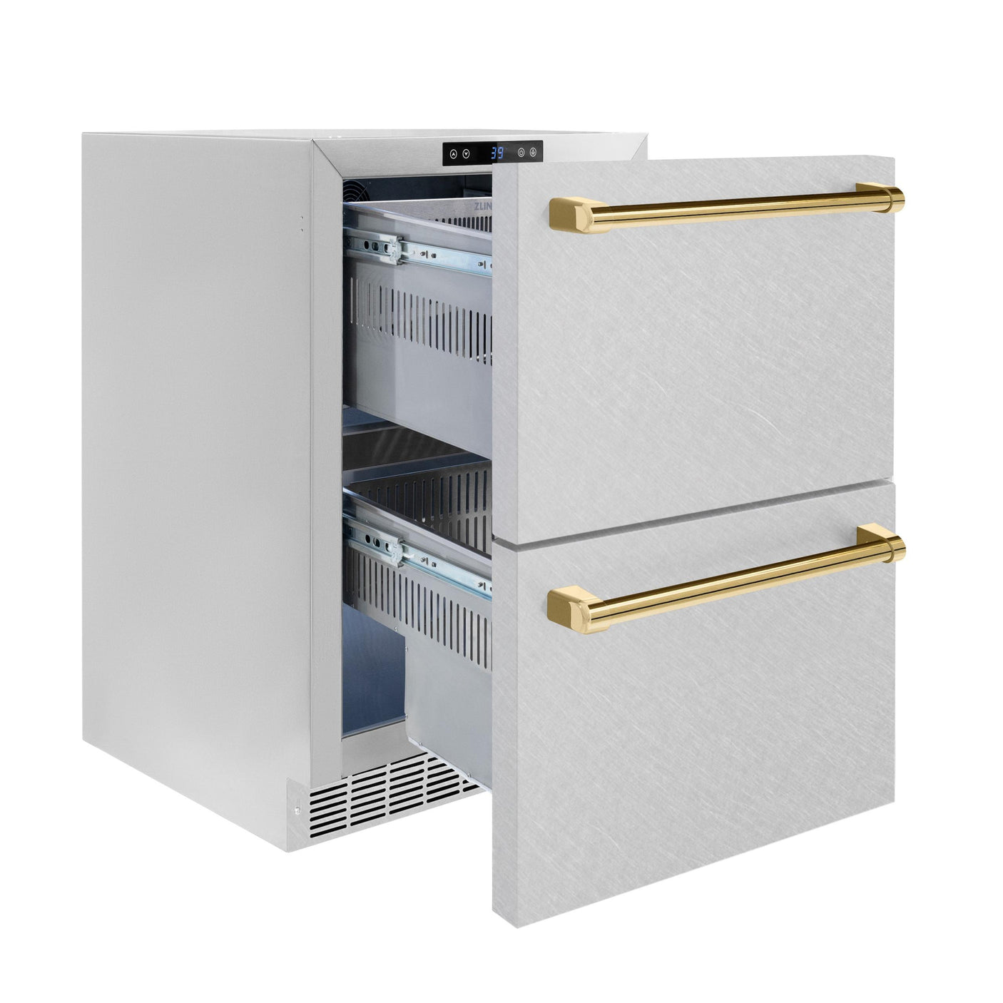 ZLINE Autograph Edition 24 in. Touchstone 168 Can Outdoor-Rated Dual Refrigerator Drawer with DuraSnow' Stainless Steel Doors and Polished Gold Handles (RDSOZ-SN-24-G)