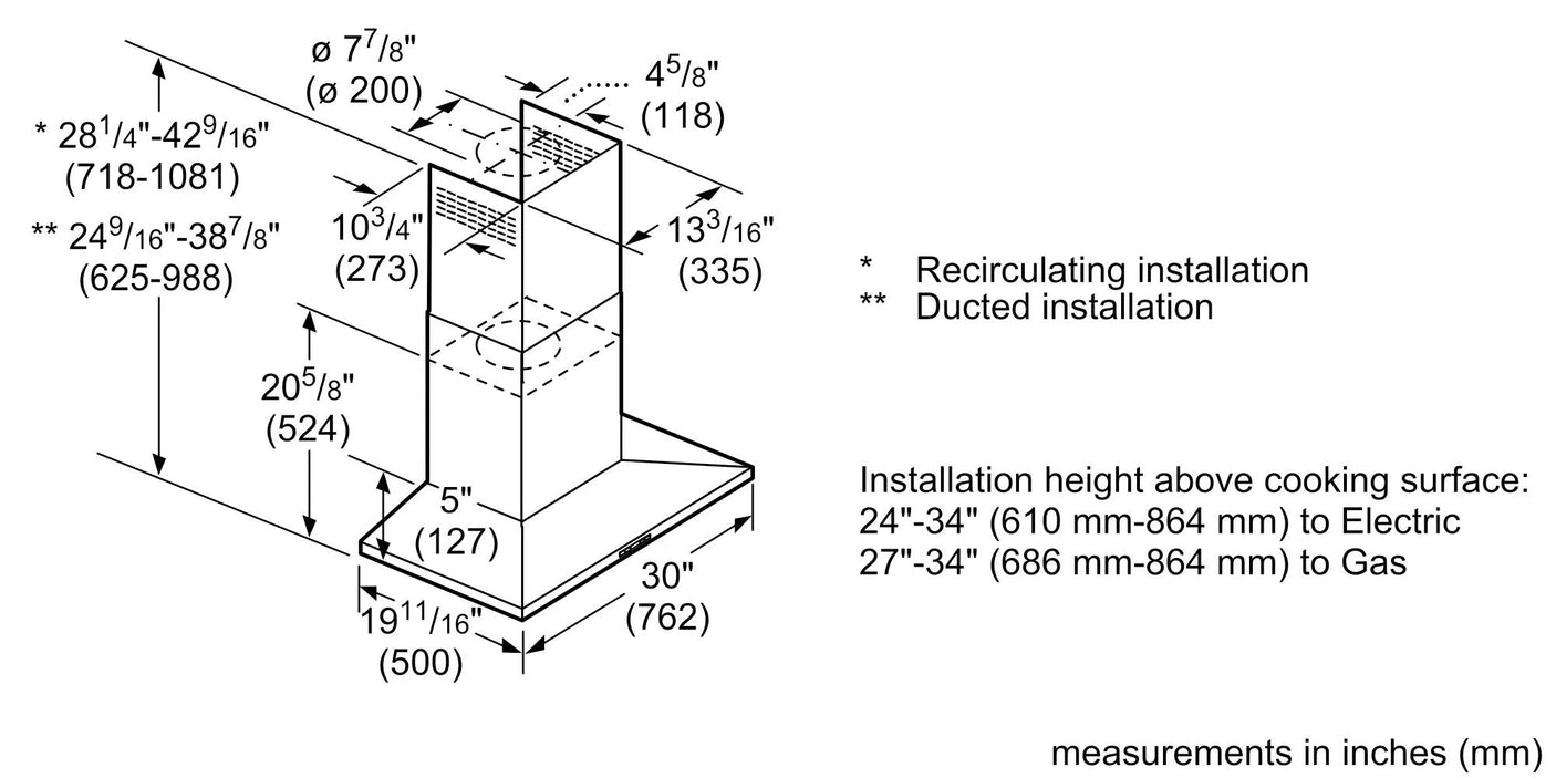 300 Series Wall Hood 30" Stainless Steel