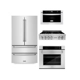 ZLINE Kitchen Package with Refrigeration, 36 in. Stainless Steel Rangetop, 30 in. Single Wall Oven, 30 in. Microwave Oven (4KPR-RT36-MWAWS)