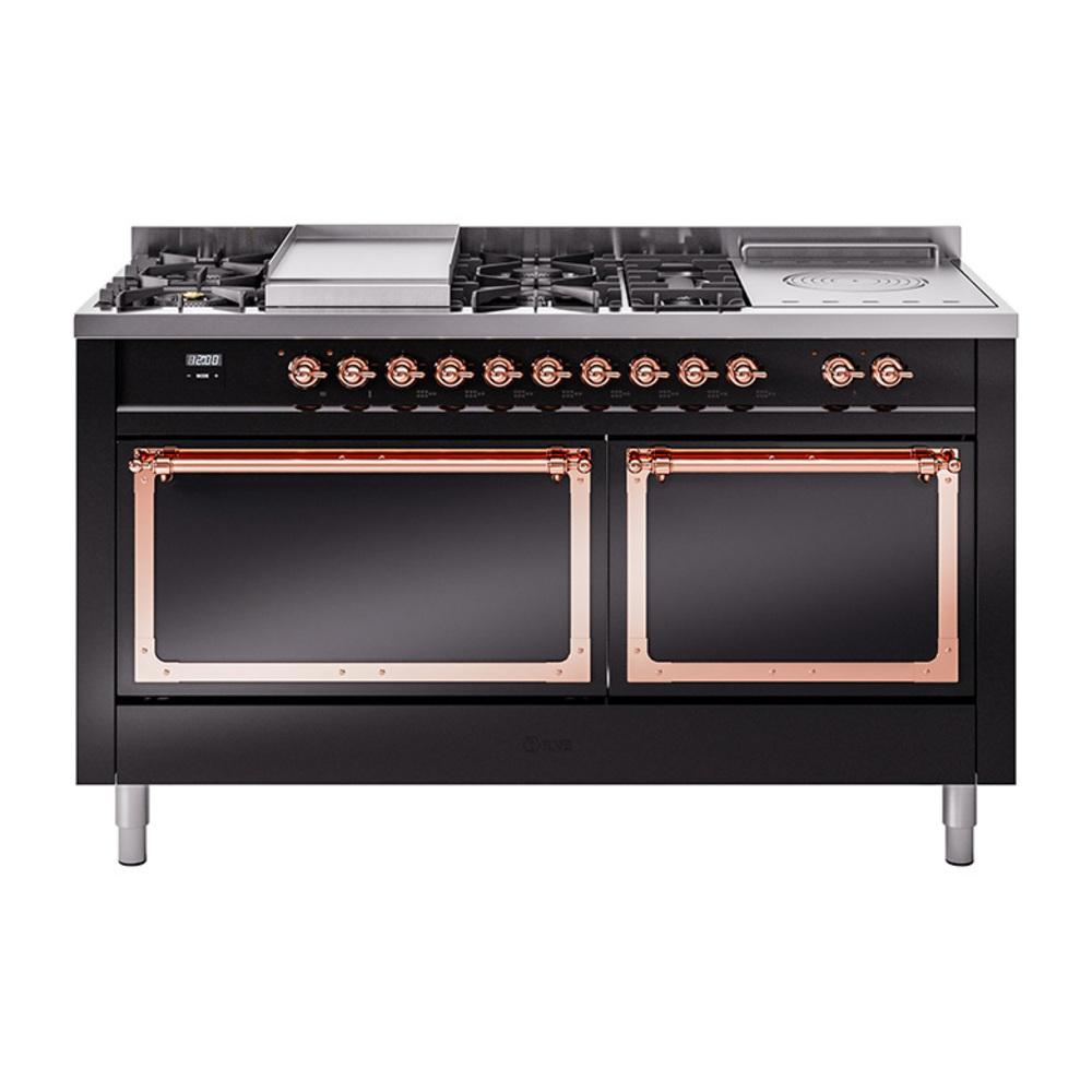 ILVE UN60FSQNMPBKP Nostalgie II Noblesse 60 inch Dual Fuel Range (7 Sealed Burners + Griddle + French Top, Natural Gas, Solid Door, Glossy Black, Copper)