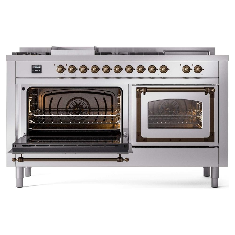 ILVE UN60FSNMPSSBLP Nostalgie II Noblesse 60 inch Dual Fuel Range (7 Sealed Burners + Griddle + French Top, Liquid Propane, Triple Glass Door, Stainless Steel, Burnished)