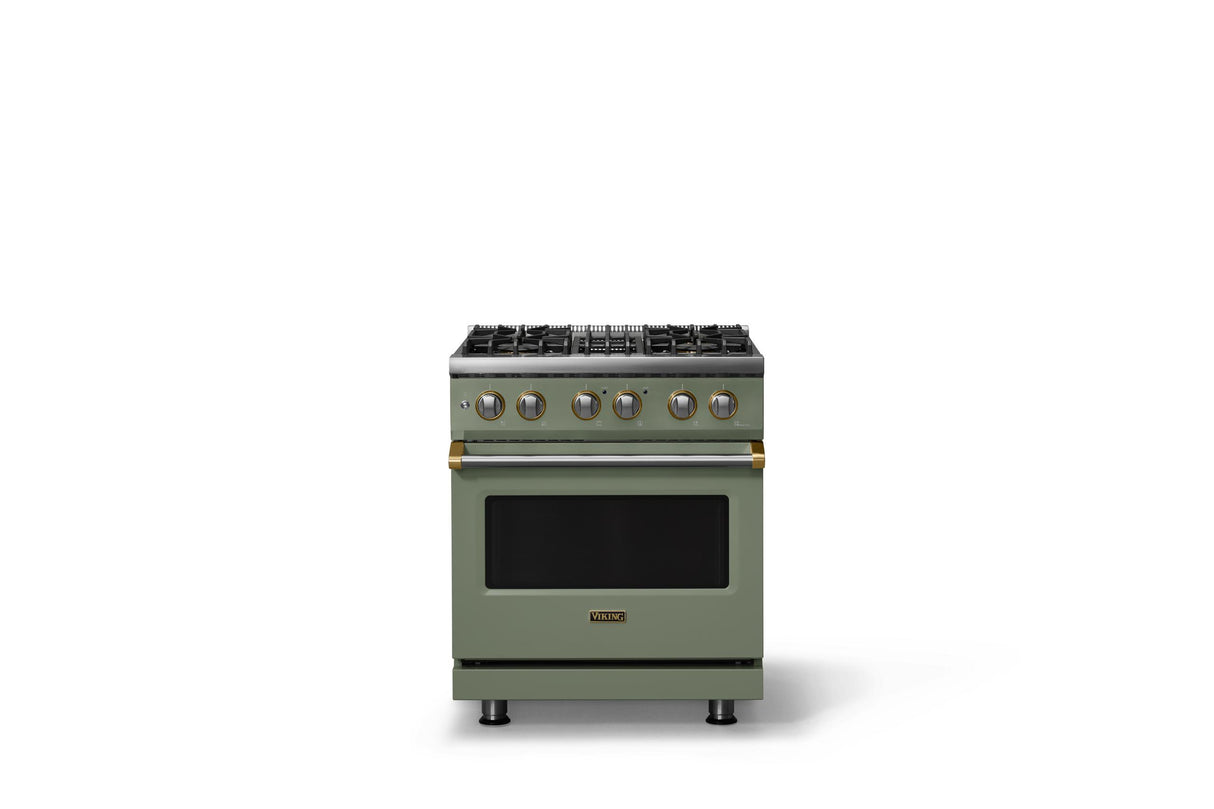 30"W. Dual Fuel Range (Finish: Eucalyptus, Trim: Brushed Brass, Fuel: Natural Gas)