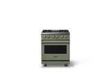 30"W. Dual Fuel Range (Finish: Eucalyptus, Trim: Brushed Brass, Fuel: Propane)