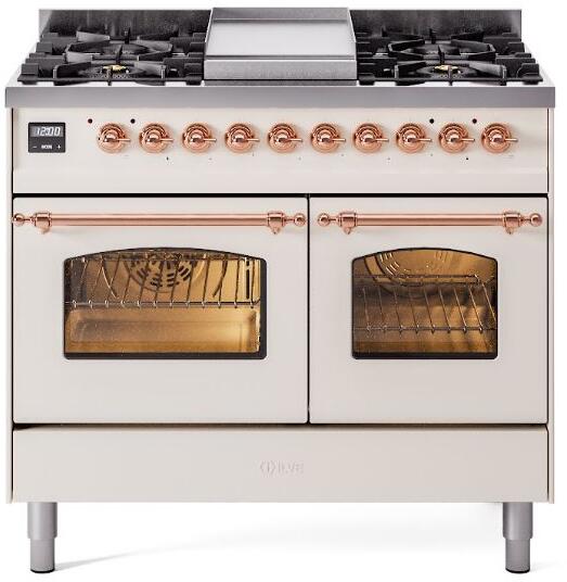 Nostalgie II 40 Inch Dual Fuel Natural Gas Freestanding Range in Antique White with Copper Trim