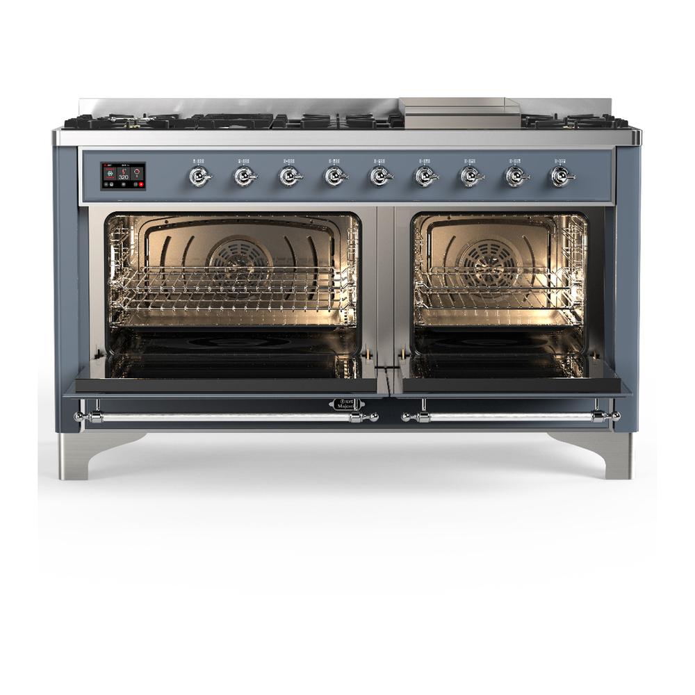 ILVE UM60FQNR3BGCLP Majestic III 60 inch Dual Fuel Range with 9 Burners and Griddle, Dual Function Burner up to 25,000 BTU (Liquid Propane, Solid Door, Blue Grey, Chrome)