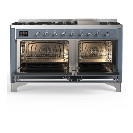 ILVE UM60FQNR3BGCLP Majestic III 60 inch Dual Fuel Range with 9 Burners and Griddle, Dual Function Burner up to 25,000 BTU (Liquid Propane, Solid Door, Blue Grey, Chrome)