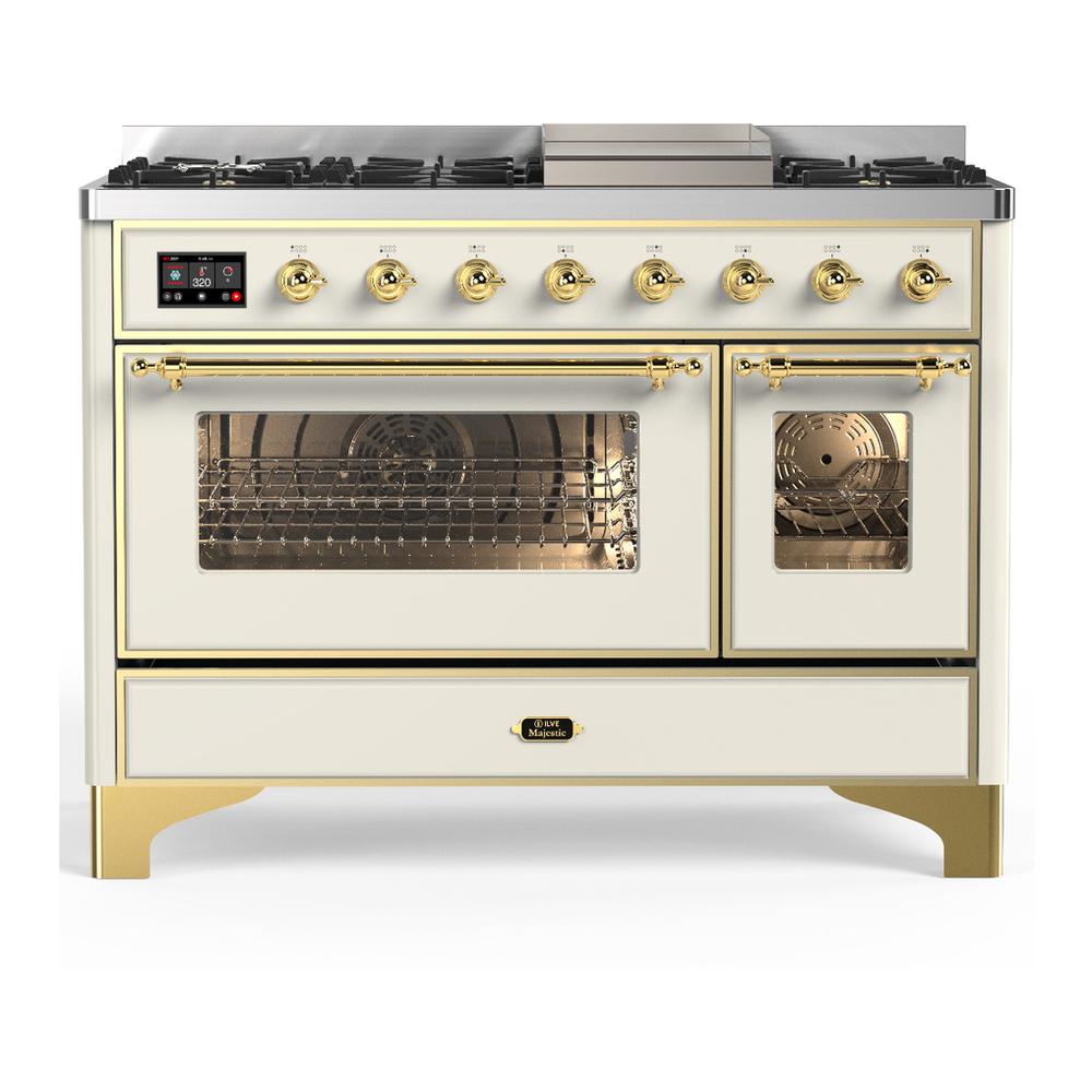 ILVE UM48FNR3AWGLP Majestic III 48 inch Dual Fuel Range with 8 Burners and Griddle, Dual Function Burner up to 25,000 BTU (Liquid Propane, Triple Glass Door, Antique White, Brass)