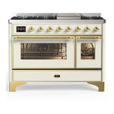 ILVE UM48FNR3AWGLP Majestic III 48 inch Dual Fuel Range with 8 Burners and Griddle, Dual Function Burner up to 25,000 BTU (Liquid Propane, Triple Glass Door, Antique White, Brass)