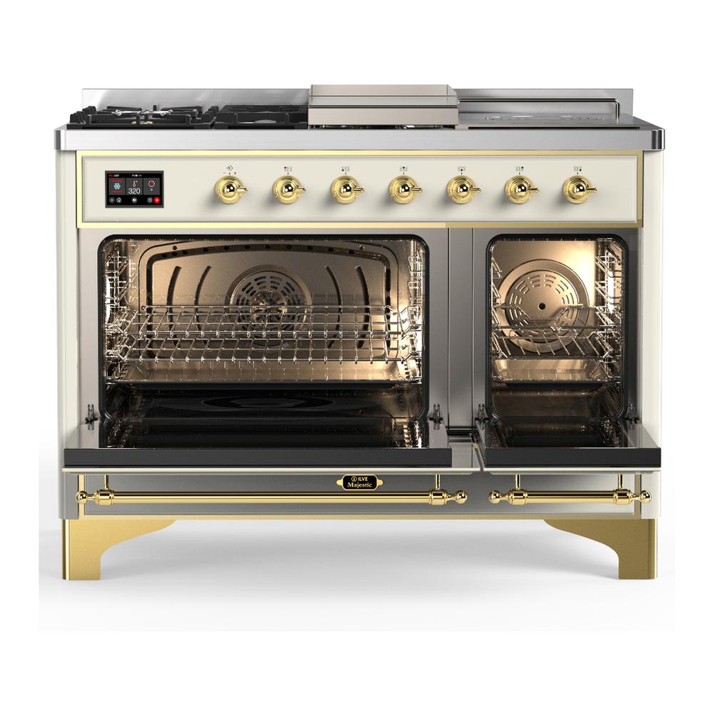 ILVE UM48FSQNR3AWG Majestic III 48 inch Dual Fuel Range with 5 Black Brass Burners, Griddle and French Top, Dual Function Burner up to 25,000 BTU (Natural Gas, Solid Door, Antique White, Brass)